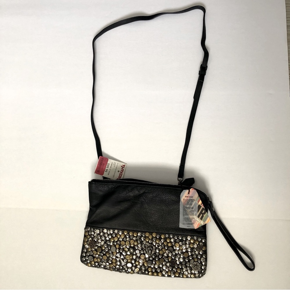 DMR touch black leather studded clutch or crossbody bag